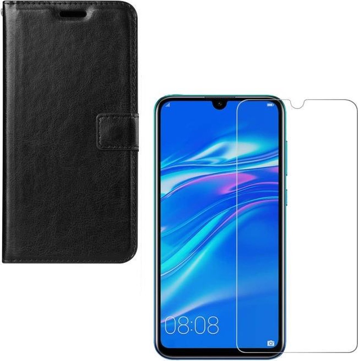 hoesje Geschikt voor: Huawei Y6S Portemonnee zwart met 2 stuks Glas Screen protector