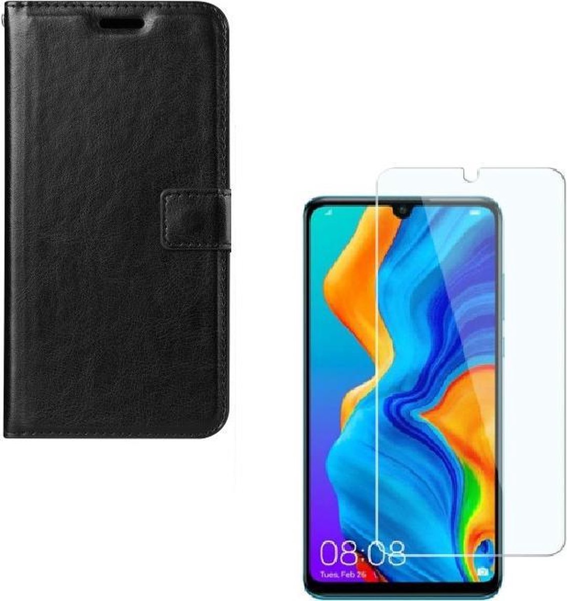 hoesje Geschikt voor: Huawei P30 Lite Portemonnee zwart met 2 stuks Glas Screen protector
