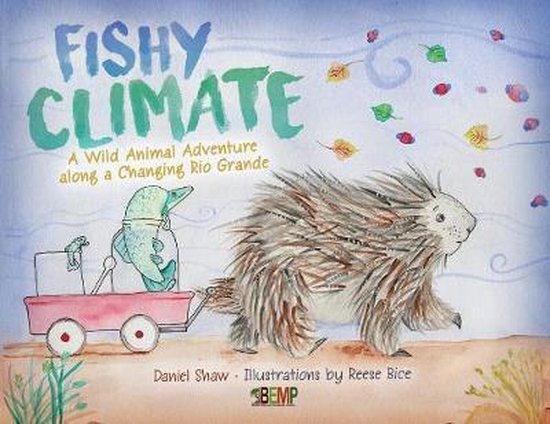 Boek 'Fishy Climate' met een stekelvarken dat een kar trekt met een vis erin. Waterverfillustratie met bladeren in de lucht.
