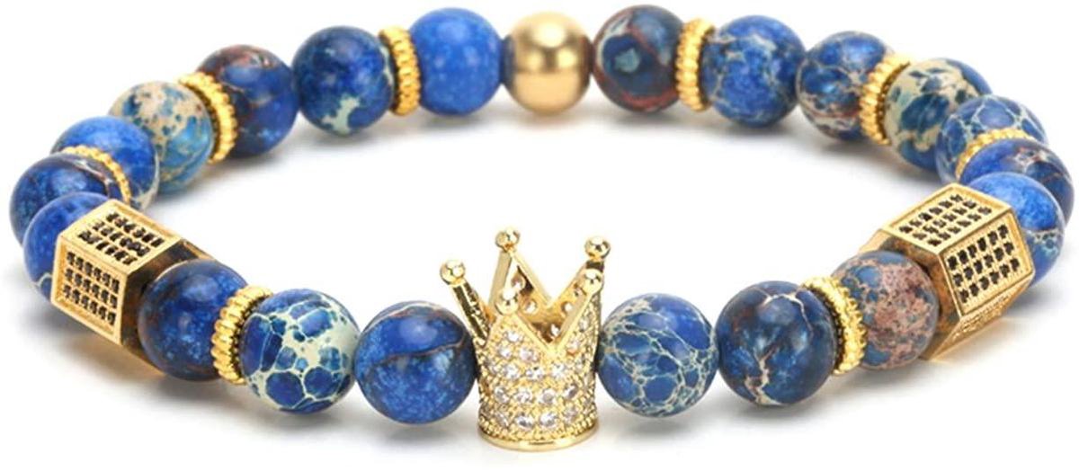 AWEMOZ Natuursteen Armband - Luxe Kralen Armbandje - Kroon - Blauw/Goud - Cadeau voor Man en Vrouw