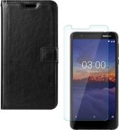 Nokia 3.1 Portemonnee hoesje zwart met 2 stuks Glas Screen protector