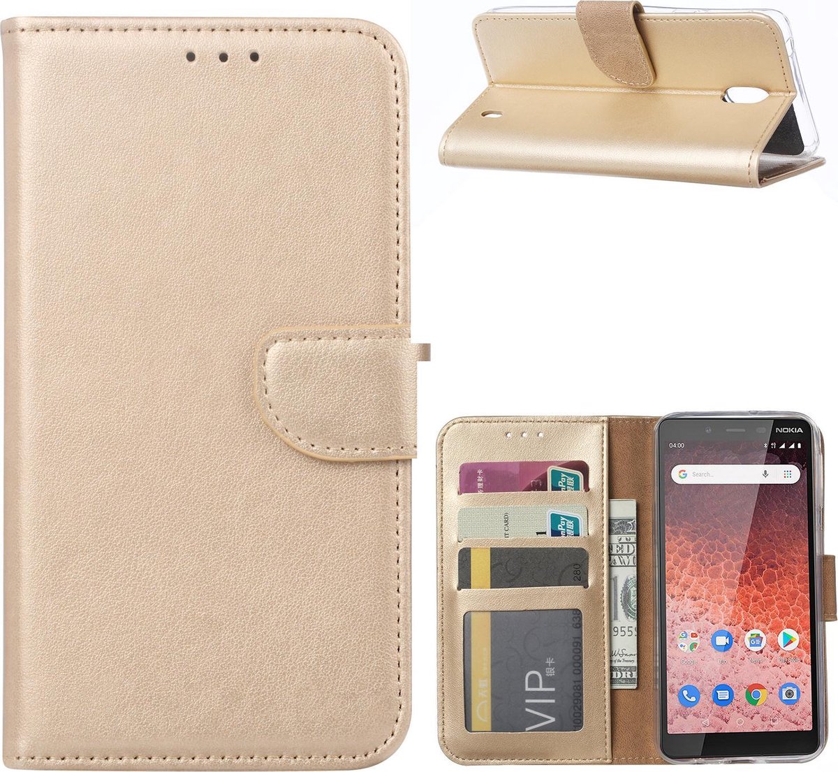 Bookcase Geschikt voor: Nokia 1 Plus - Goud - portemonnee hoesje