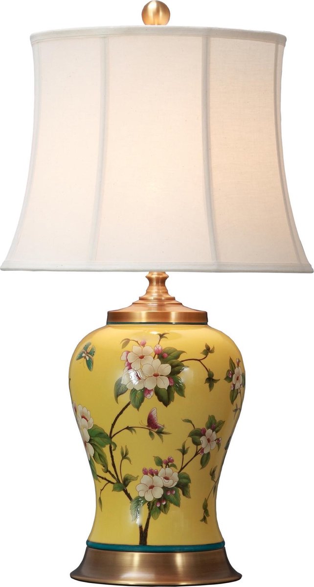 Fine Asianliving Oosterse Tafellamp Porselein Handgeschilderd Geel met Kap