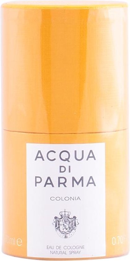 Gele, cilindrische Acqua di Parma Colonia verpakking met label.