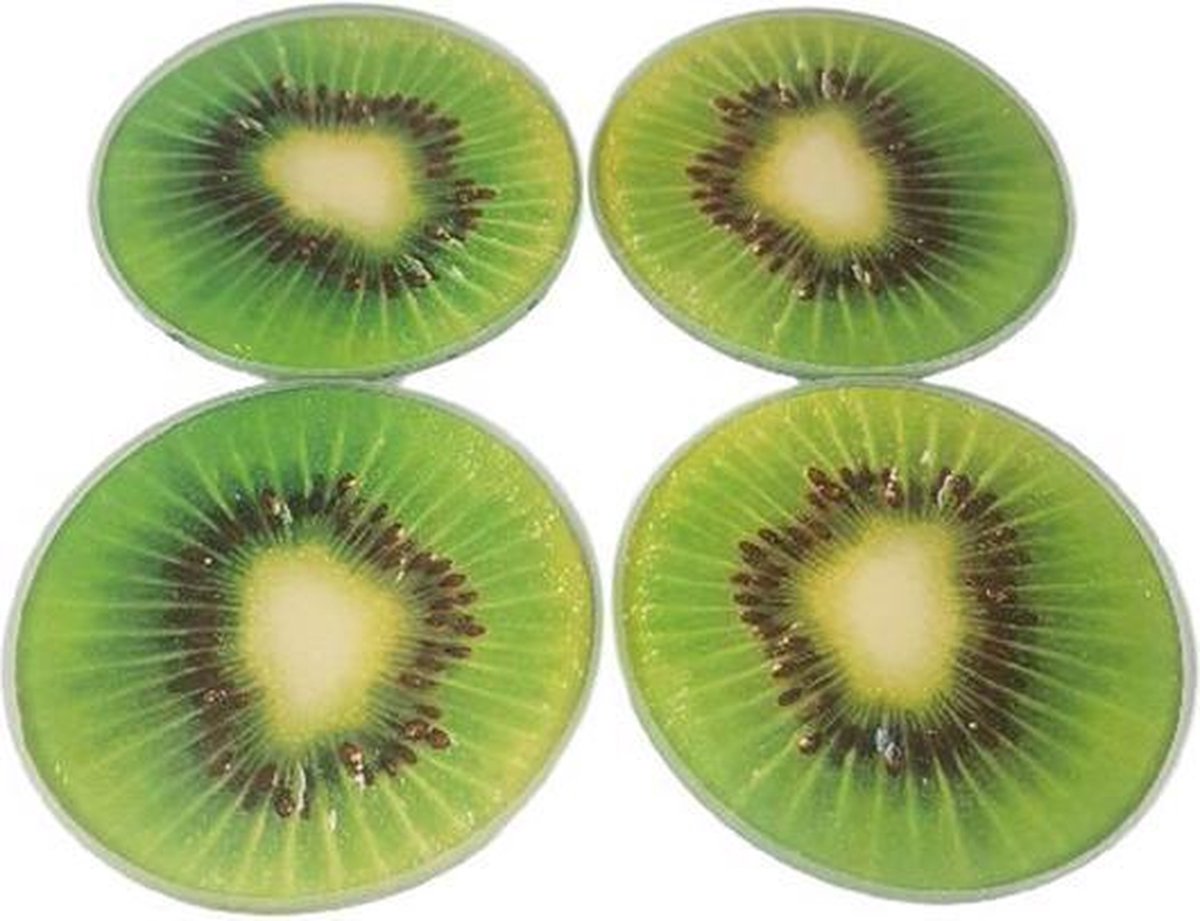 Luxe onderzetters FRUIT Kiwi - Multicolor - Glas - Ø 9 cm - Set van 4 - Rond - onderzetters voor glazen