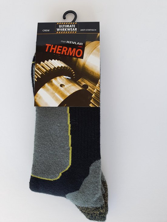 Zwarte Thermo sokken met grijze en gele accenten, verpakt in een kaart met tandwielafbeelding. "ULTIMATE WORKWEAR - THERMO".