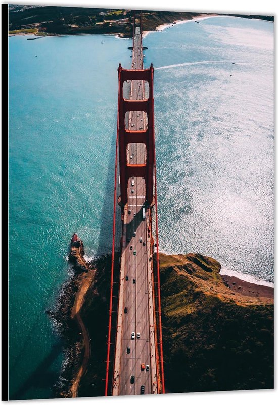 Dibond –Golden Gate Bridge (Bovenaanzicht)– 60x90cm Foto op Aluminium (Met Ophangsysteem)