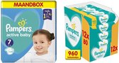 Pampers Active Baby Dry Maat 7 – 120 Luiers Maandbox + Pampers Sensitive Billendoekjes 12x80 Stuks