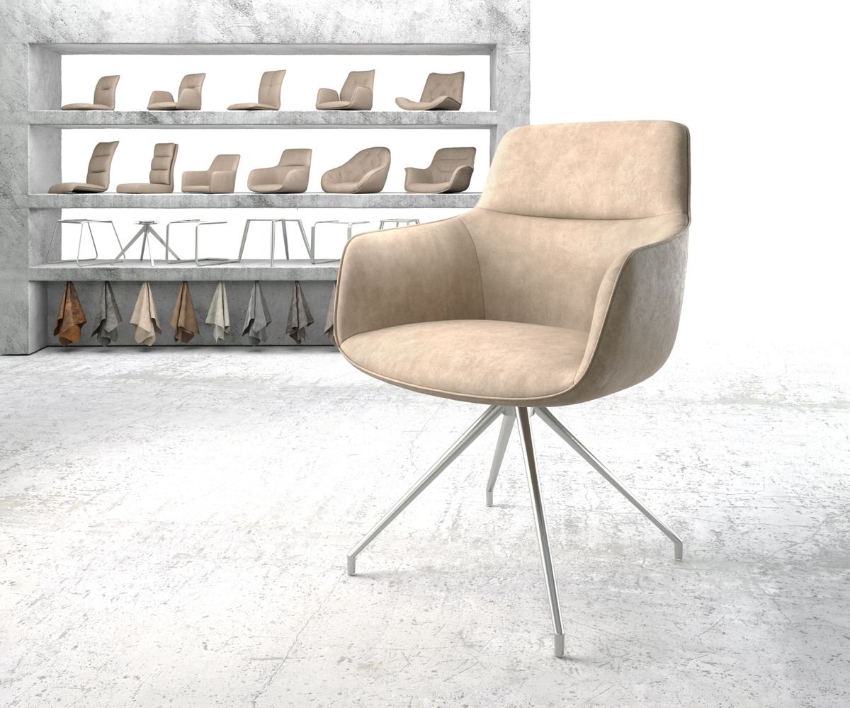 Gestoffeerde-stoel Pejo-Flex kruisframe conisch roestvrij staal microvelours beige vintage pocketveer kern