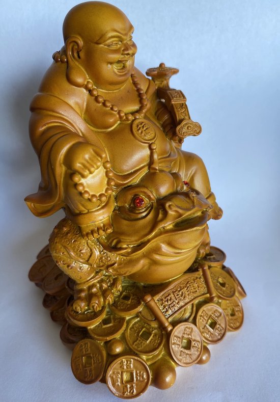 Boeddha met Feng Shui kikker 9X10X12CM rijkdom en geluk. bruin