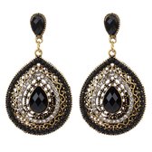 Boucles d'oreilles Rhylane avec strass - Look Vintage - Pendentifs - Noir et Or - 5,5 sur 3 cm