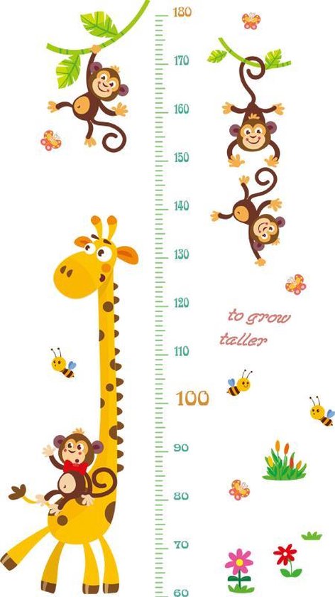 Muursticker kinderkamer giraffe met aapjes groeimeter - Decoratie kinderkamer / babykamer jongens & meisjes - Dieren sticker