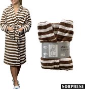 Sorprese - luxe badjas - middenbruin en wit gestreept - badjas - micro fleece - badjas dames - badjas heren - maat L/XL - Moederdag - Cadeau