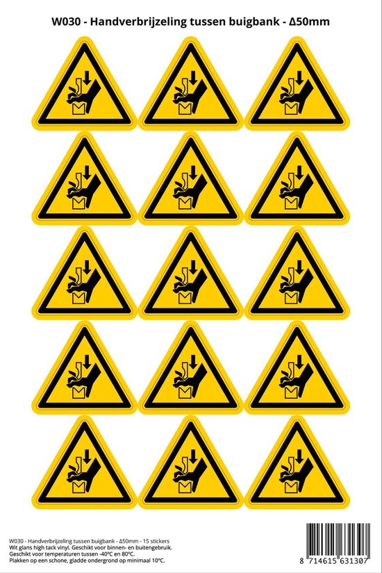 Pictogram sticker W030 - Handverbrijzeling tussen buigbank - Δ50mm - 15 stickers op 1 vel