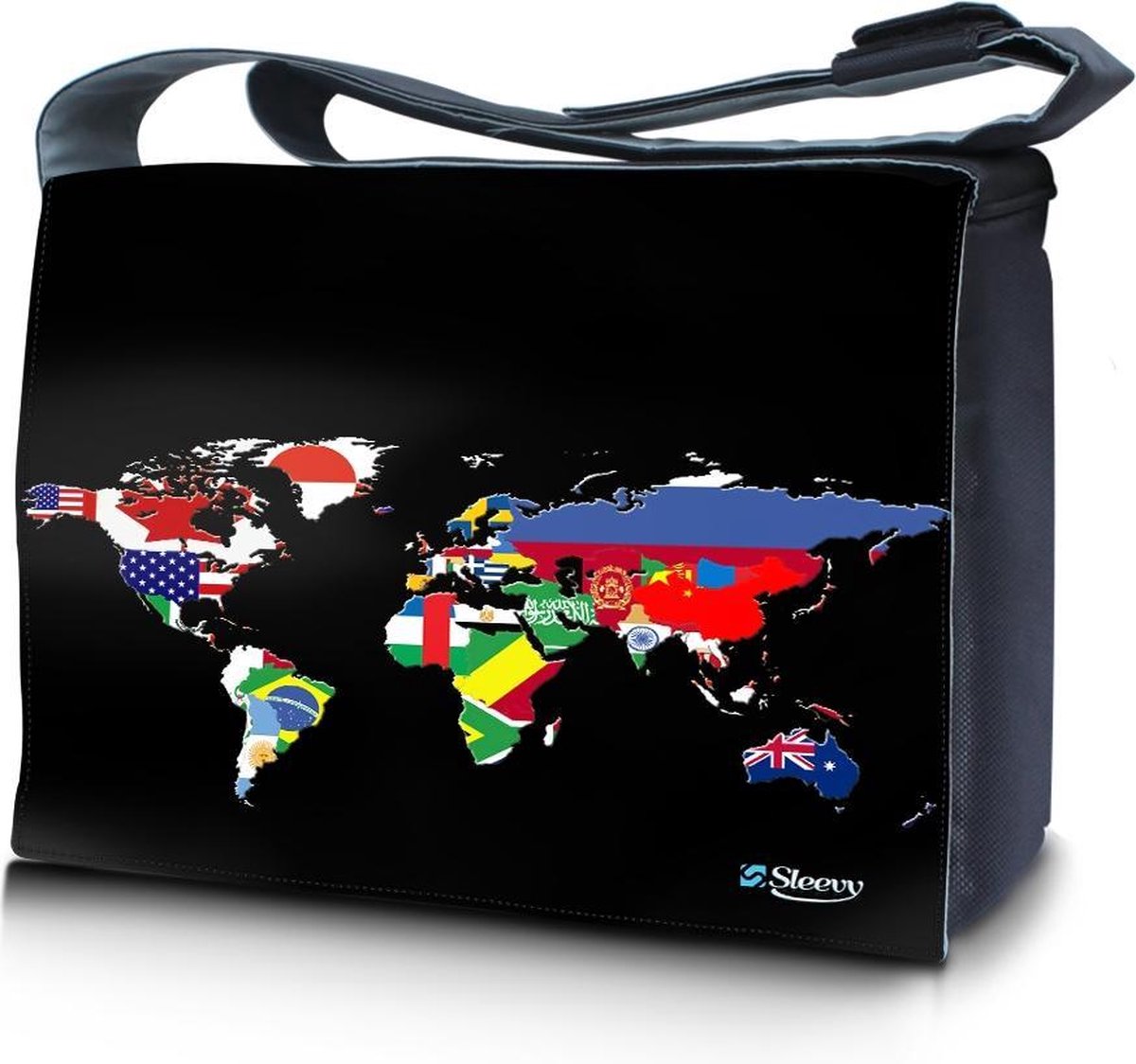 Sleevy 17,3 laptoptas / messenger tas wereldkaart en vlaggen - laptoptas - schooltas