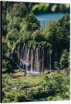 Dibond –Watervallen tussen de Bomen in het Bos– 60x90cm Foto op Aluminium (Wanddecoratie van metaal)