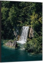 Dibond –Waterval in het Bos– 100x150cm Foto op Aluminium (Wanddecoratie van metaal)