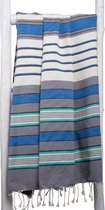 ZusenZomer Hamamdoek Fouta ABU XXL - hammam strandlaken tweepersoons - dun en licht - dames en heren -  200x200 cm  - Gestreept - blauw - grijs