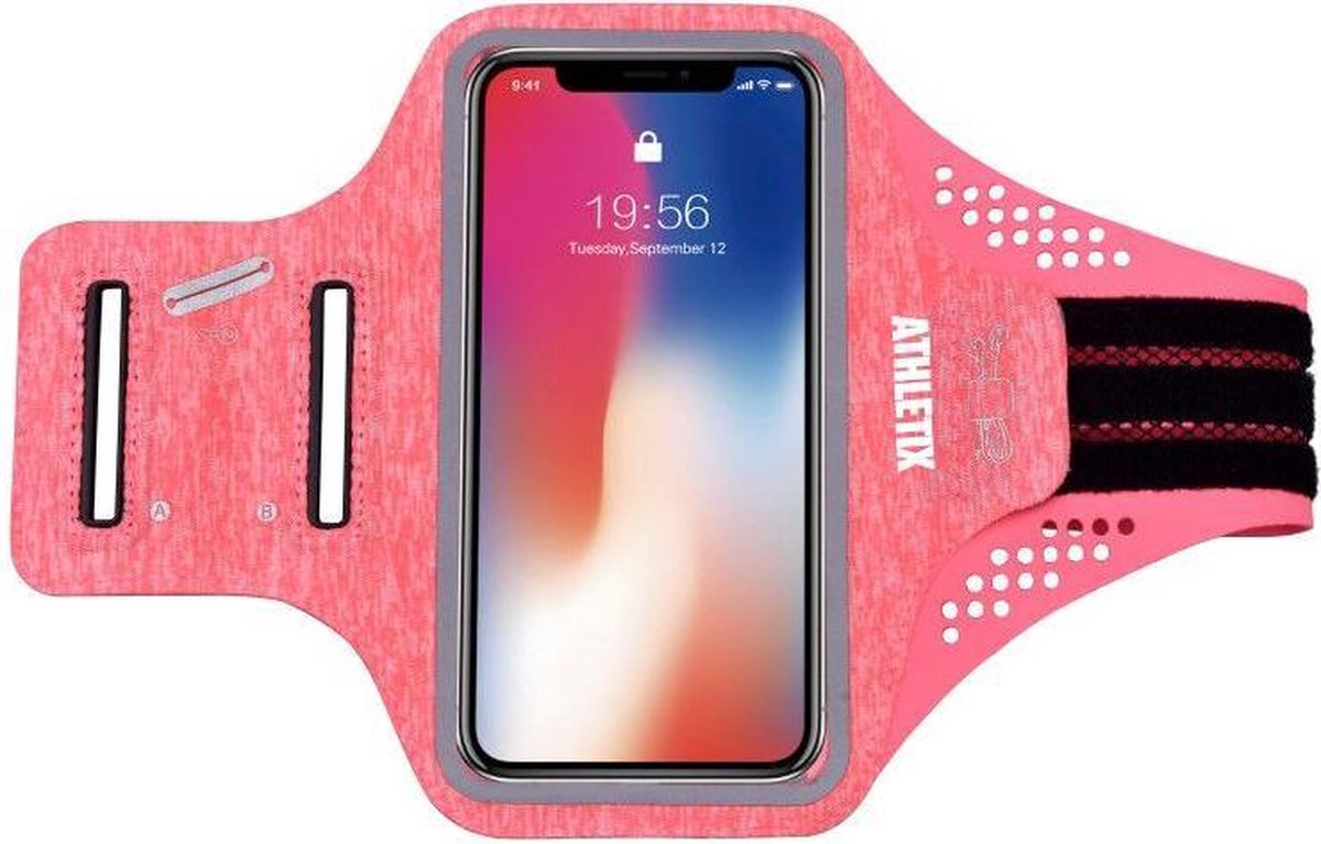 Roze Premium Sportarmband - Universele Hardloop Armband - iPhone, Samsung & Huawei - Smartphonehouder - Reflecterend, Spatwaterdicht, Sleutelhouder, Verstelbaar - Lycra - Luxe Sportarmband - ATHLETIX