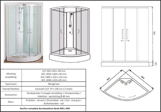Cabine de douche complète Sanifun Brent 900 x 900 sans kit
