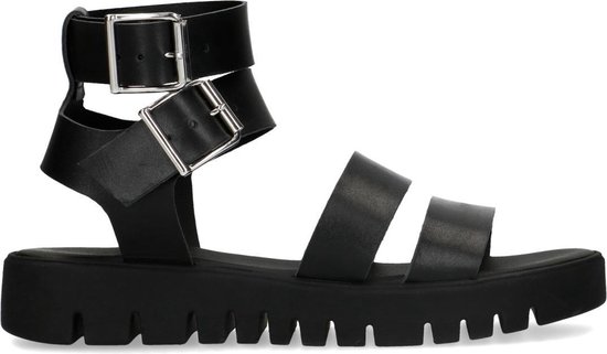 Zwarte leren sandalen met sleehak - Dames | MANFIELD