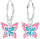 Joy|S - Zilveren vlinder bedel oorbellen glitter roze blauw oorringen