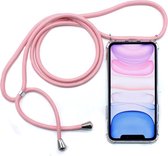 Vierhoekige anti-fall transparante TPU mobiele telefoonhoes met lanyard voor iPhone 11 (roze)