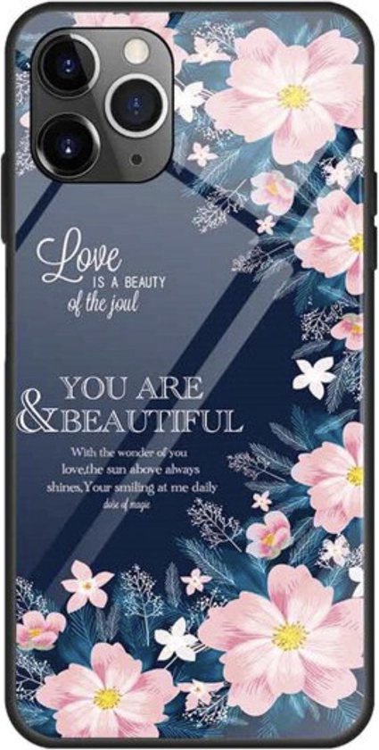 Apple iPhone 11 Pro Backcover - Donkerblauw - Bloemen - Gehard Glas