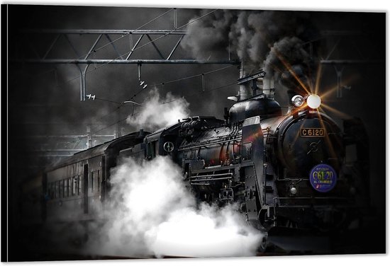 Dibond -Zwarte Stomende Locomotief- Foto op Aluminium (Wanddecoratie van metaal)