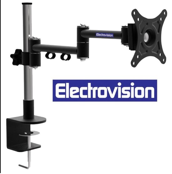 Universele dubbele monitorarm van Electrovision met metalen klemvoet en verstelbare armen.