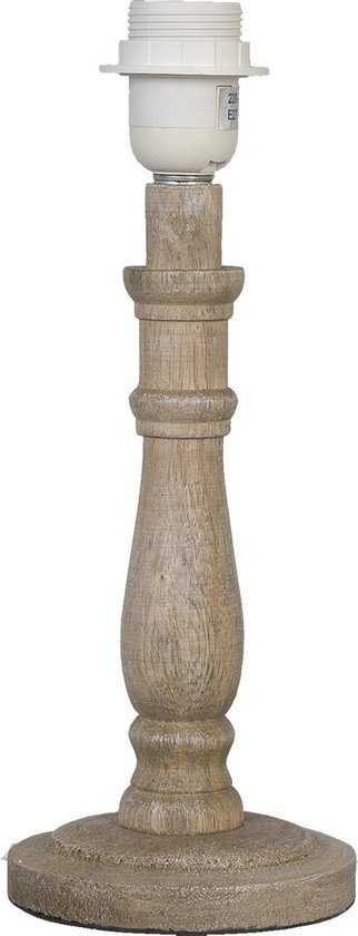 Pied de lampe en bois brun vieilli avec des décorations torsadées et un câble blanc.