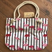 Strandtas Ibiza style  - White stripes Flamingo