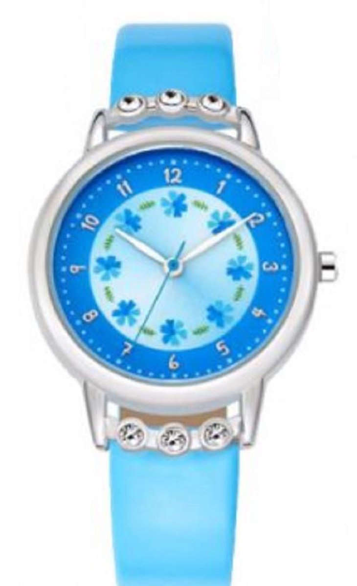 Blauw horloge - meisjes- meiden - met schitterende steentjes - 30 mm - I-deLuxe verpakking