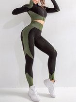 Fitness Outfit - Push Up Leggings + Vest - Premium Kwaliteit - Groen/Zwart - Maat L (= NL38-40 )