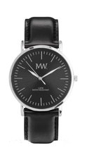 Horloge MW Flat Style zilver met zwart lederen band