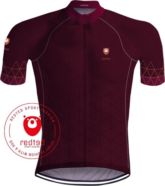 Bordeauxrood fietsshirt met geometrisch patroon en subtiel logo op de borst