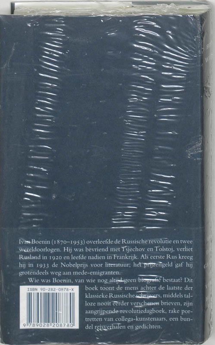 Achterkant van een ingepakt boek met tekst over Ivan Boenin. ISBN 90-282-0878-X.