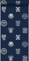 ESTAhome behangpapier school emblemen donkerblauw - 138826 - 53 cm x 10,05 m