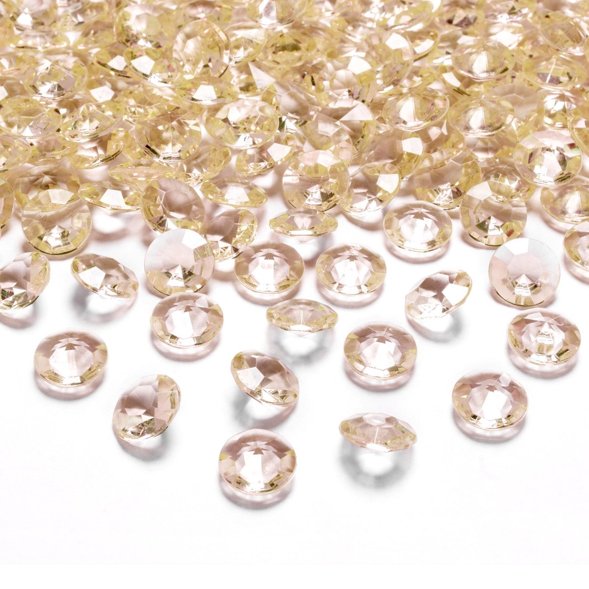 Afbeelding van product Merkloos / Sans marque  100x Hobby/decoratie gouden diamantjes/steentjes 12 mm/1,2 cm - Kleine kunststof edelstenen goud - Hobbymateriaal - DIY knutselen - Feestversiering/feestdecoratie plastic tafel