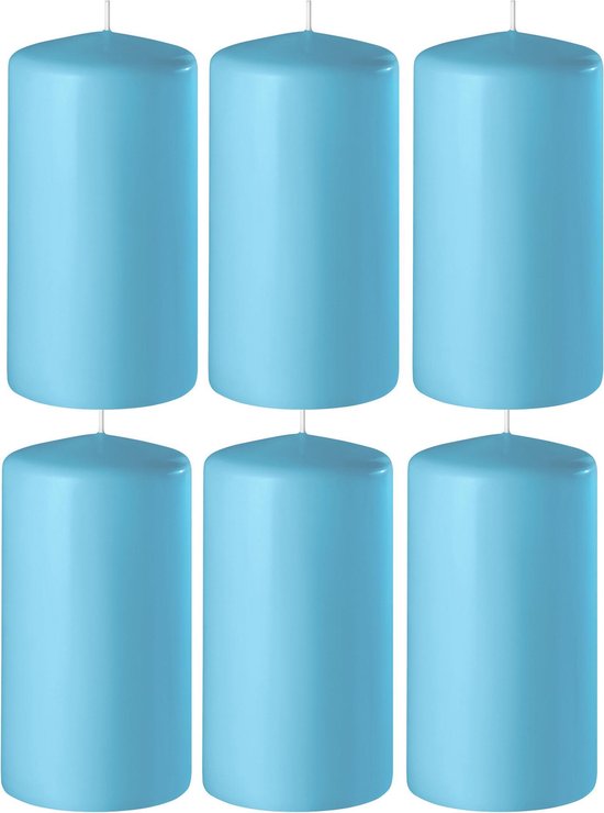 6x Turquoise cilinderkaarsen/stompkaarsen 6 x 15 cm 58 branduren - Geurloze kaarsen turquoise - Woondecoraties