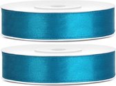 2x Hobby/decoratie turquoiseblauwe satijnen sierlinten 1,2 cm/12 mm x 25 meter - Cadeaulinten satijnlinten/ribbons - Turquoiseblauwe linten - Hobbymateriaal benodigdheden - Verpakkingsmaterialen