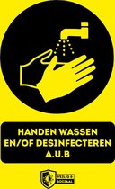 Handen wassen en/of desinfecteren | sticker | Corona Veilig & Sociaal | markering | Fel Geel Zwart | Antislip | A3