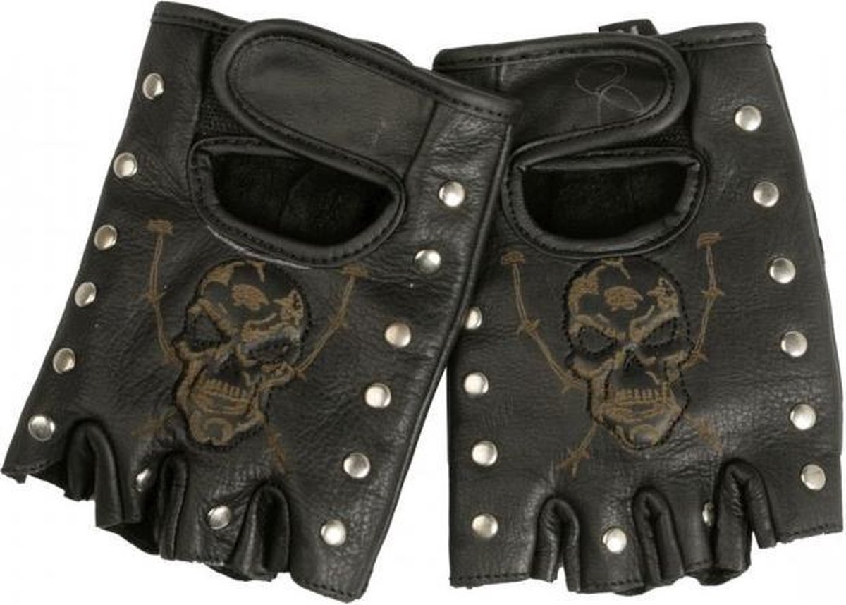 Leren handschoenen zonder vingers (mofjes) met nagel en Skull afbeelding maat M