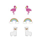 Joy|S - Zilveren oorbellen set 3 paar | Alpaca/ lama | Regenboog | Vogel