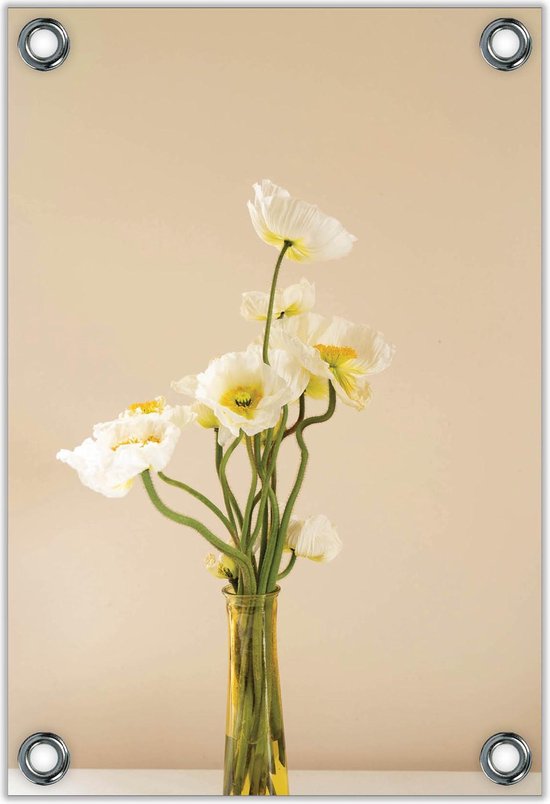 Tuinposter –Wit met Gele bloemen in een Vaasje– 80x120  Foto op Tuinposter (wanddecoratie voor buiten en binnen)