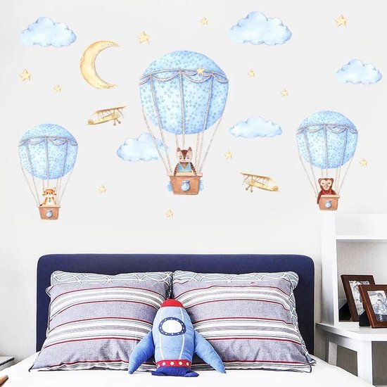 Luchtballonnen Met Dieren & Wolkjes Muursticker - Wanddecoratie Muurdecoratie Kinderkamer - - Kraamcadeau - Babykamer - Babyshower