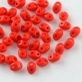 Duo beads, glaskralen, ovaal met 2 gaten, rood, 5 x 3,5 x 3mm, 60 gram