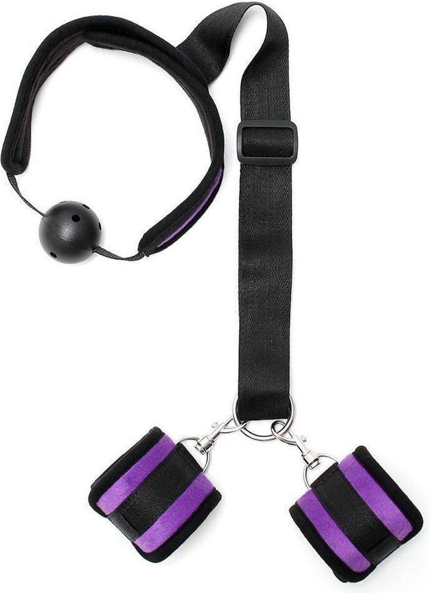 Goedkoopste Bondageset mondknevel met boeien - zwart/paars