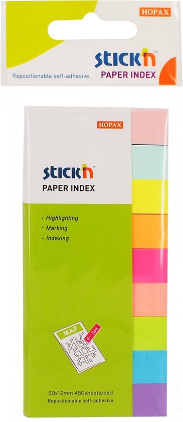 Stick'n Index papieren markeerstroken - 50x12mm - 9x Verschillende kleuren - 450 index tabs totaal