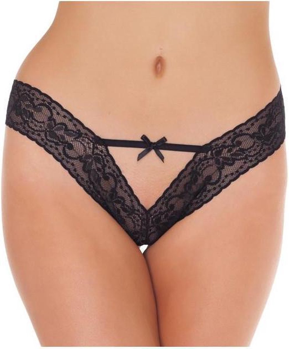 Slipje v-shape met bandjes en strikje - zwart